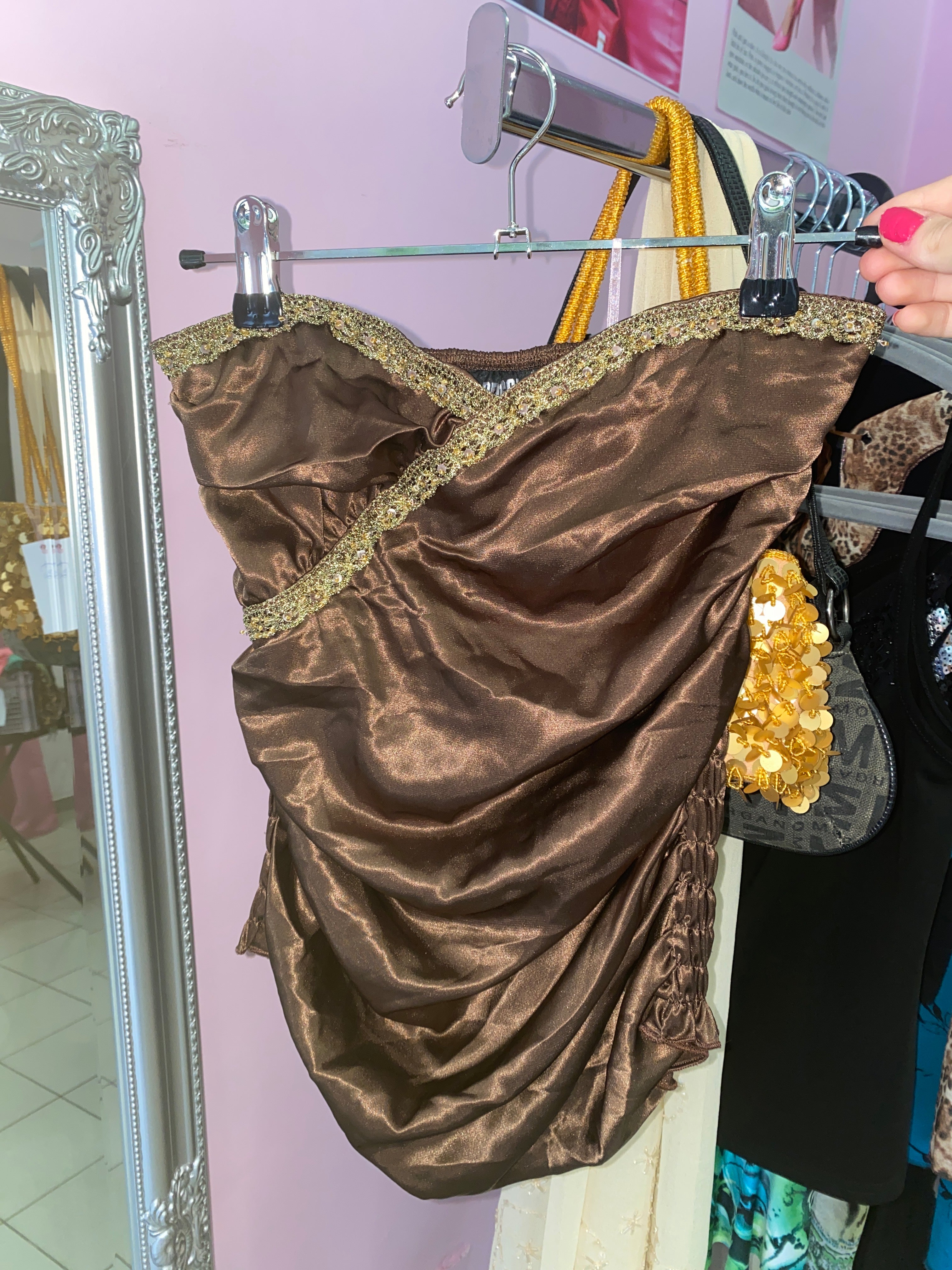 Brown satin strapless top