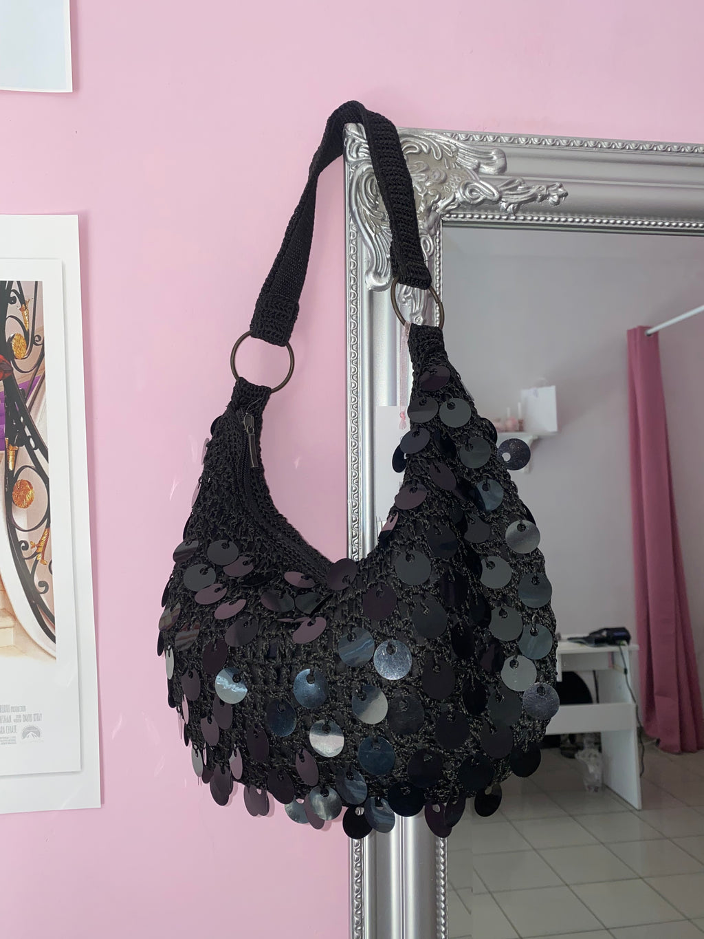 Black sequin shoulder bag