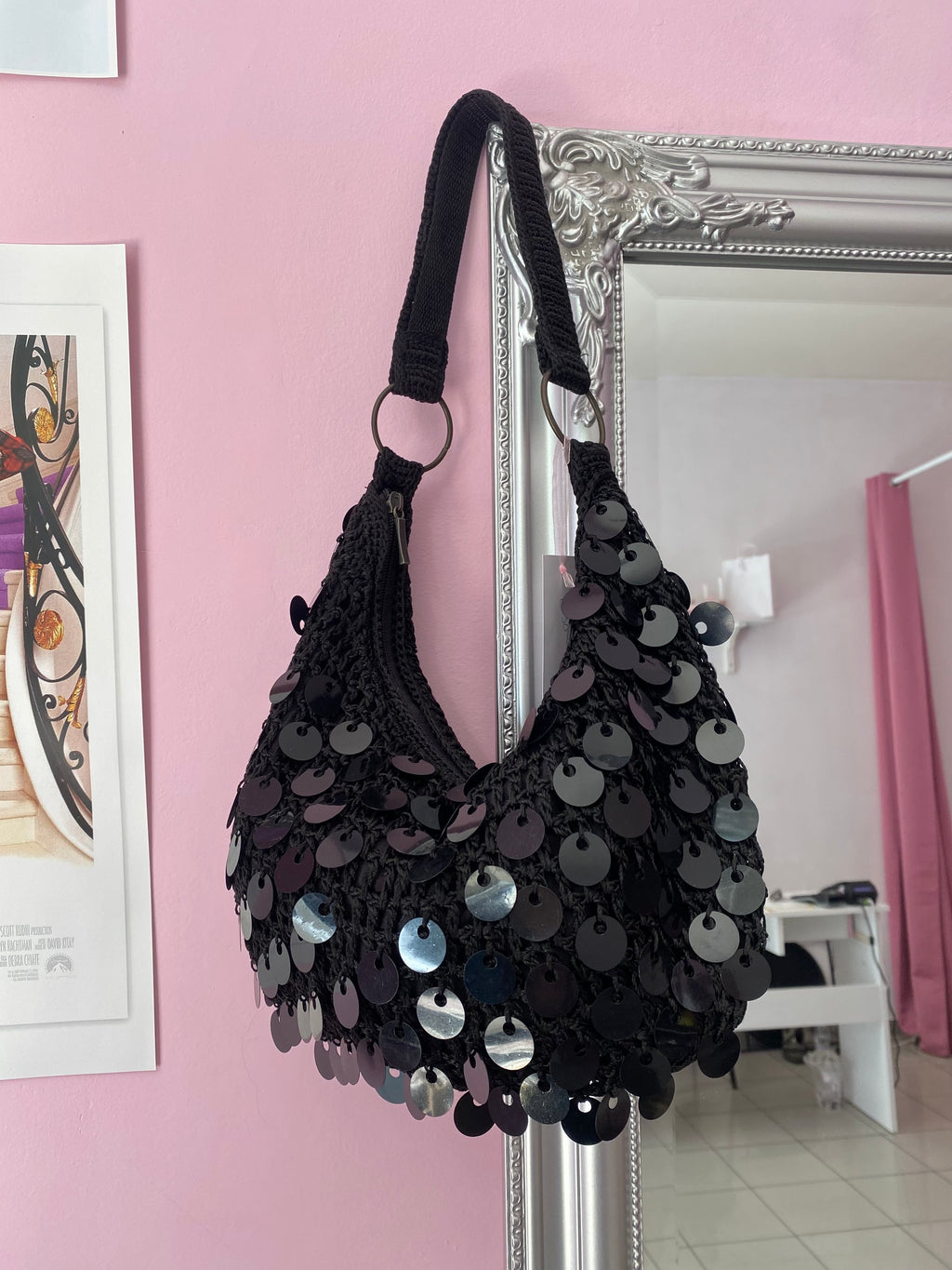 Black sequin shoulder bag