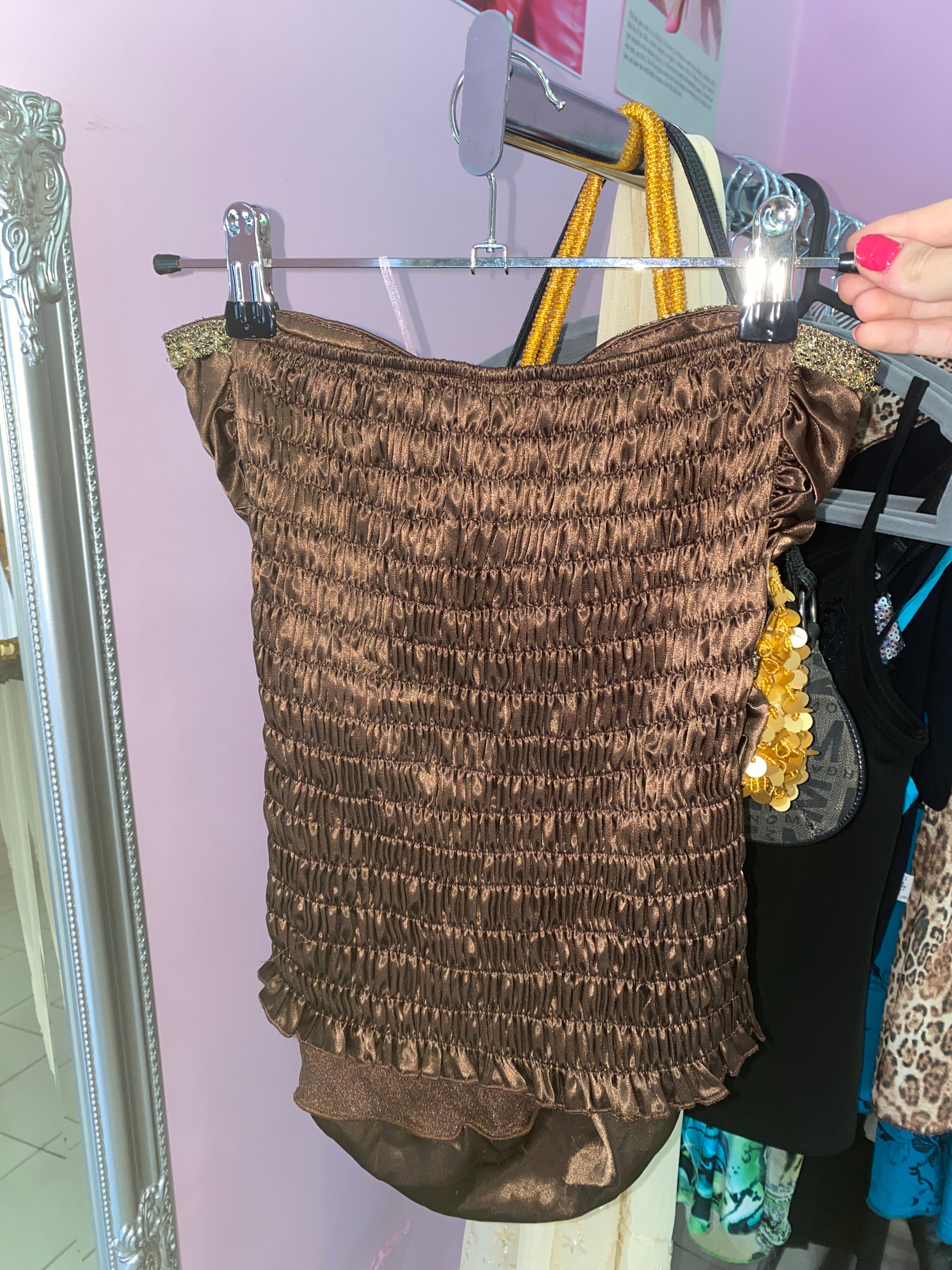 Brown satin strapless top