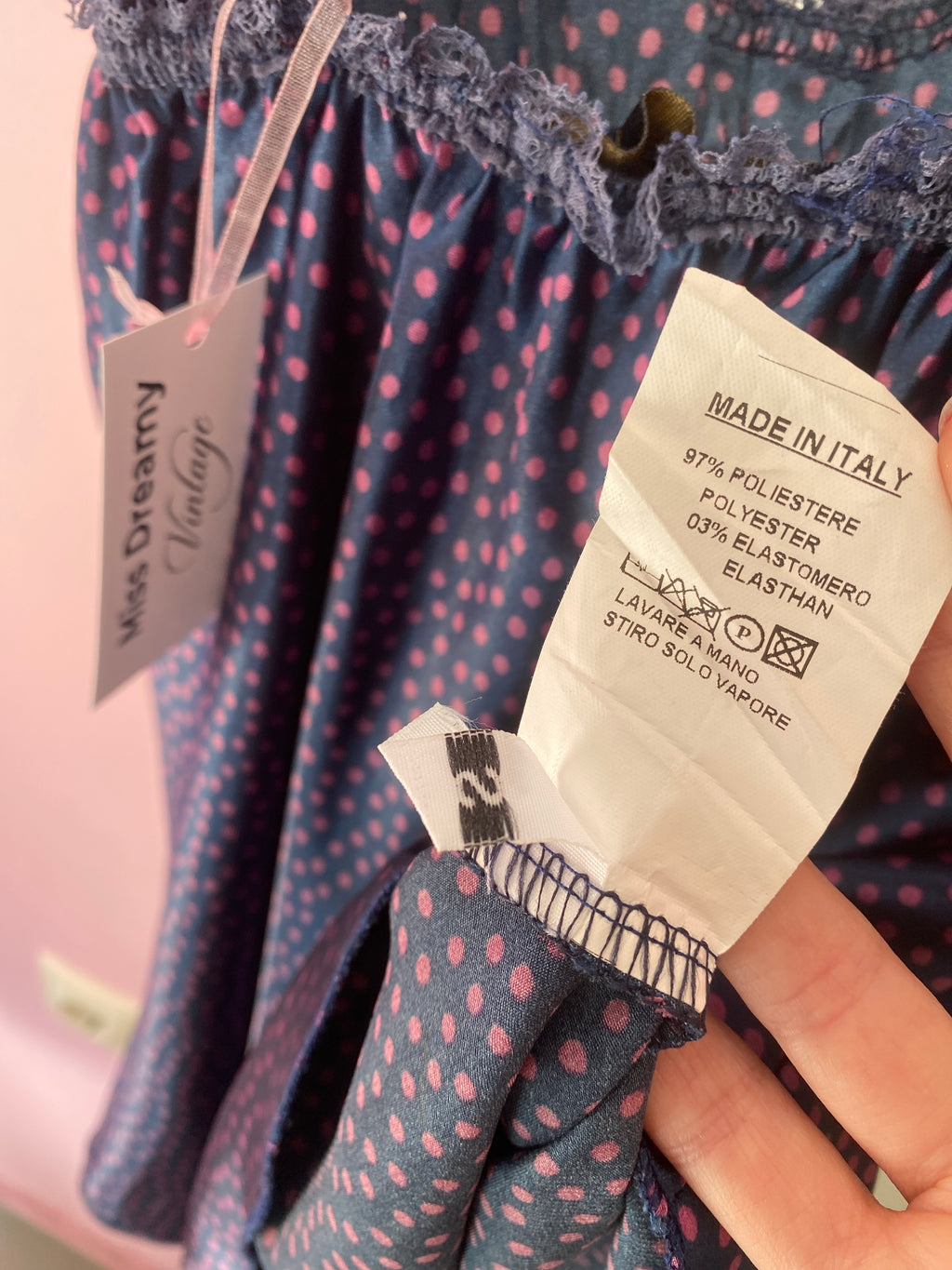Blue cami top with pink polkadot