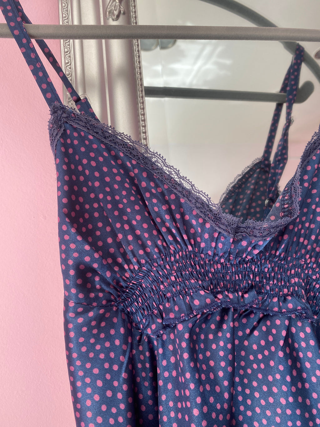 Blue cami top with pink polkadot