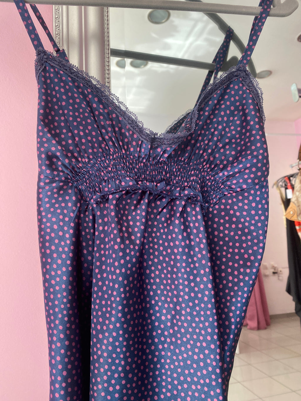 Blue cami top with pink polkadot