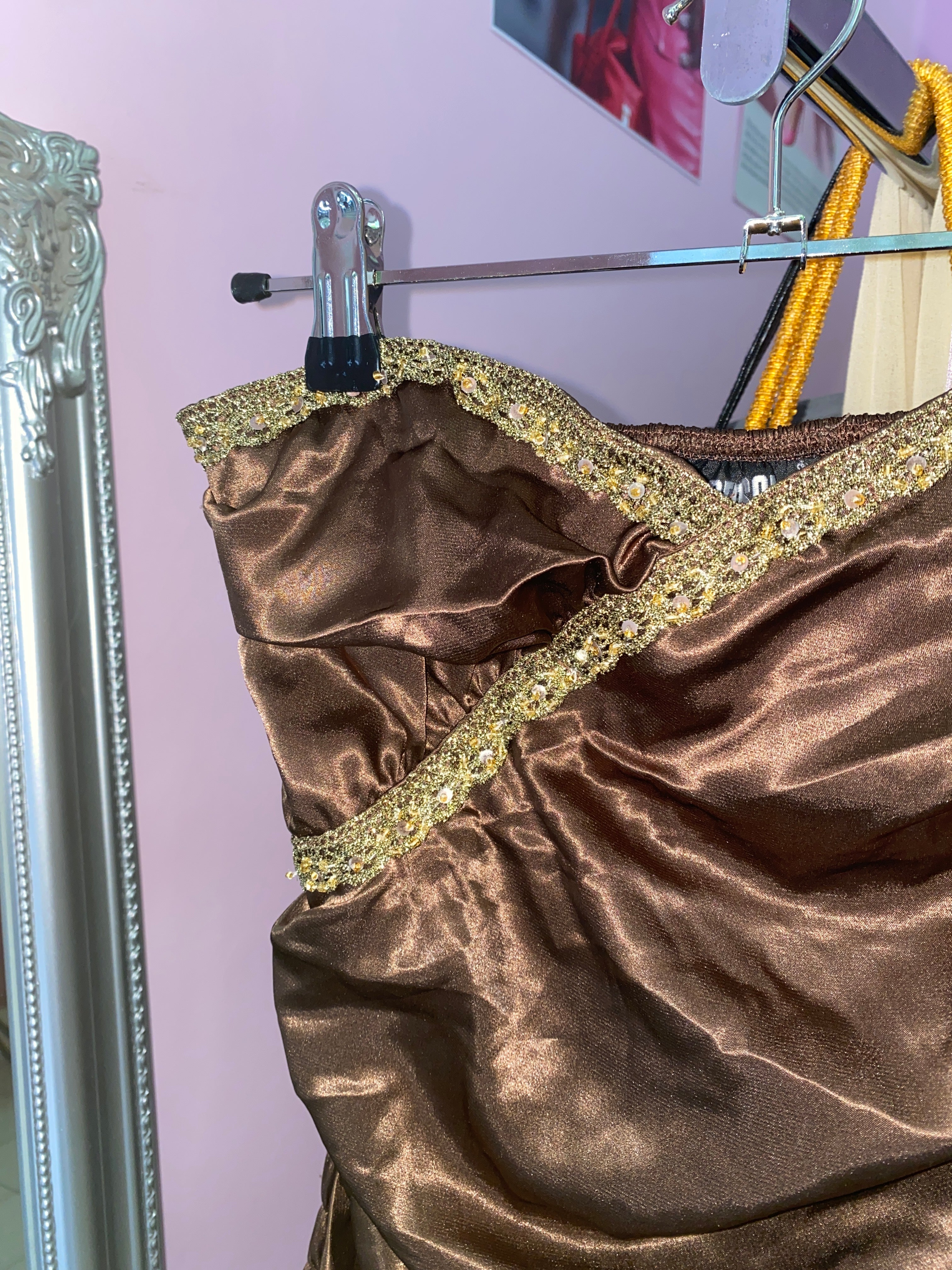 Brown satin strapless top