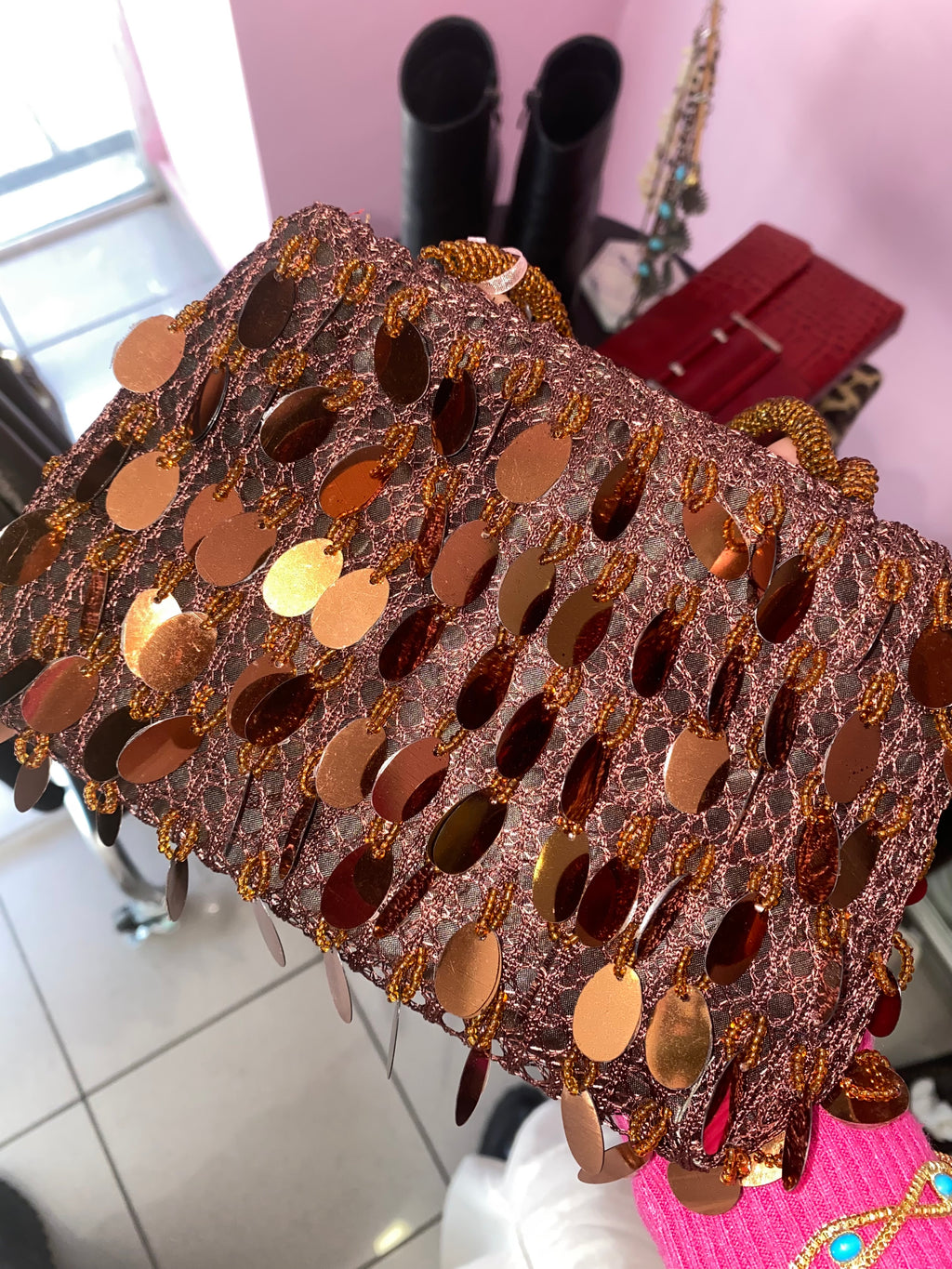 Chocolate brown sequin mini bag