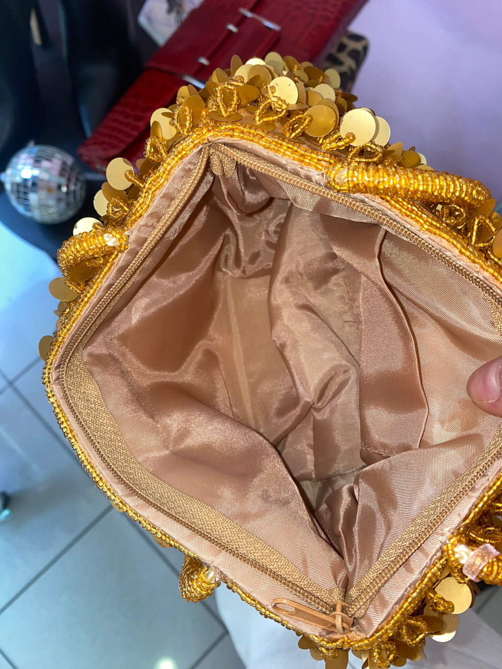 Golden sequin shoulder bag