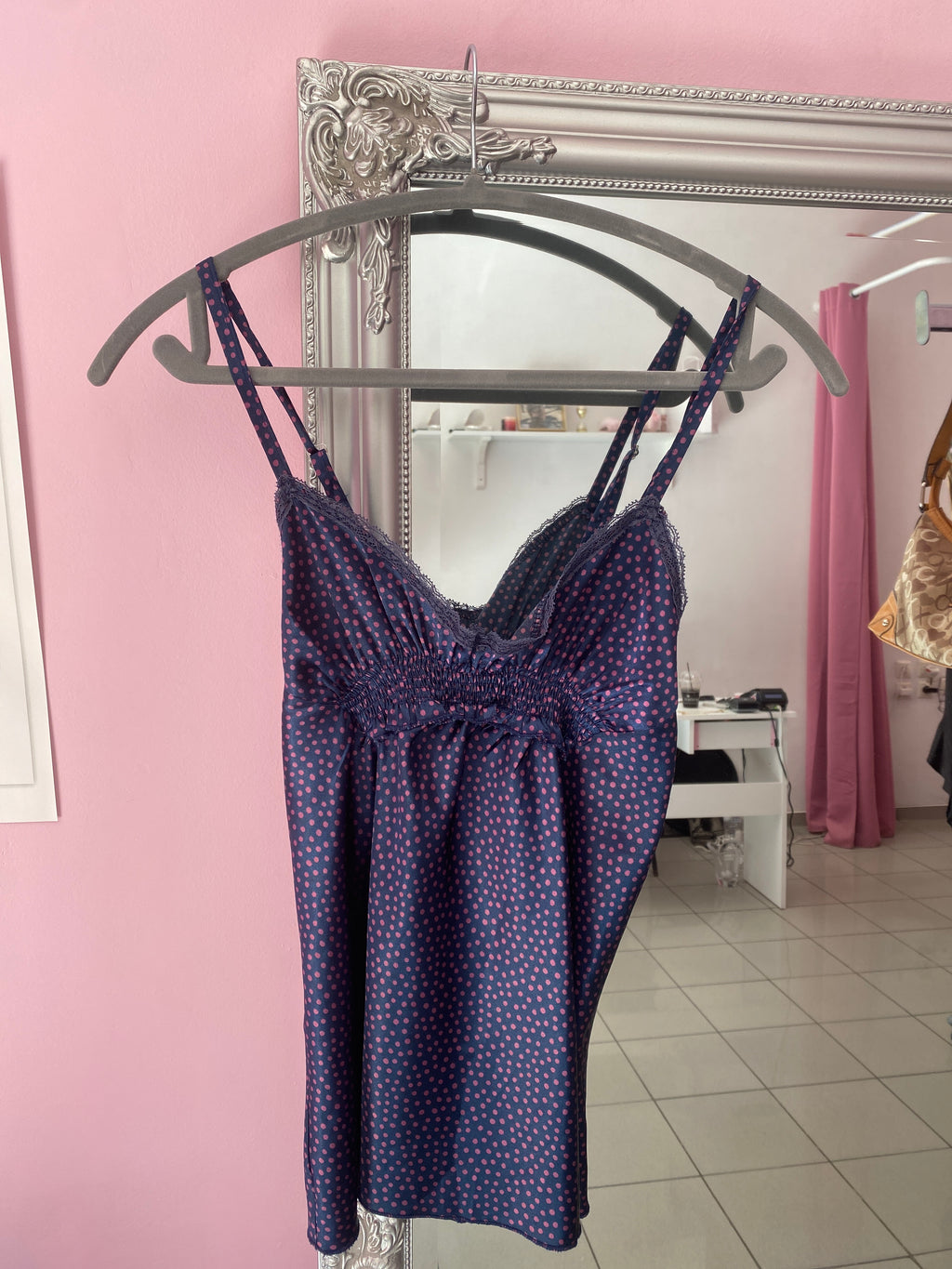 Blue cami top with pink polkadot