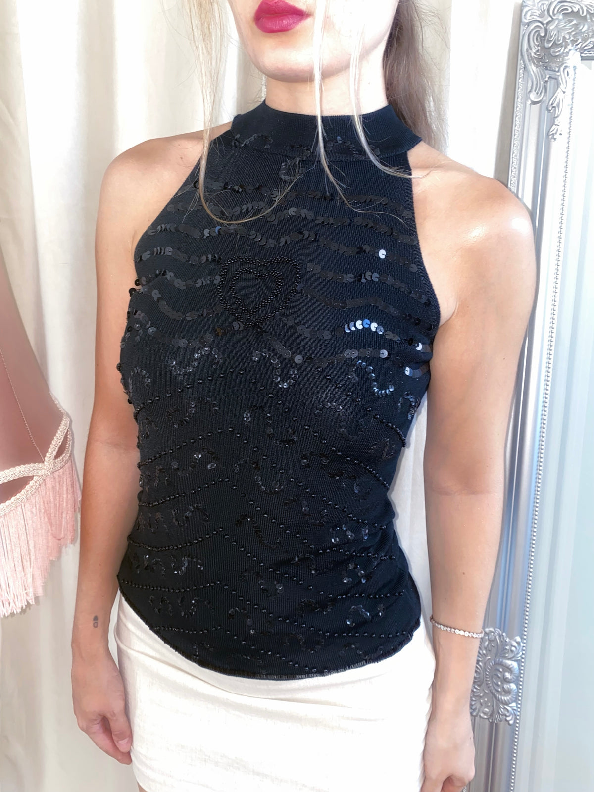 Vintage Noir Beaded Halter Top