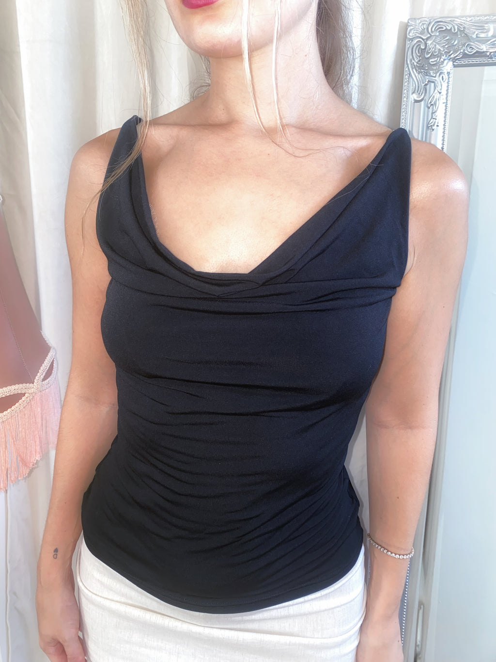 2000s Black Classic Cowl Neck Top