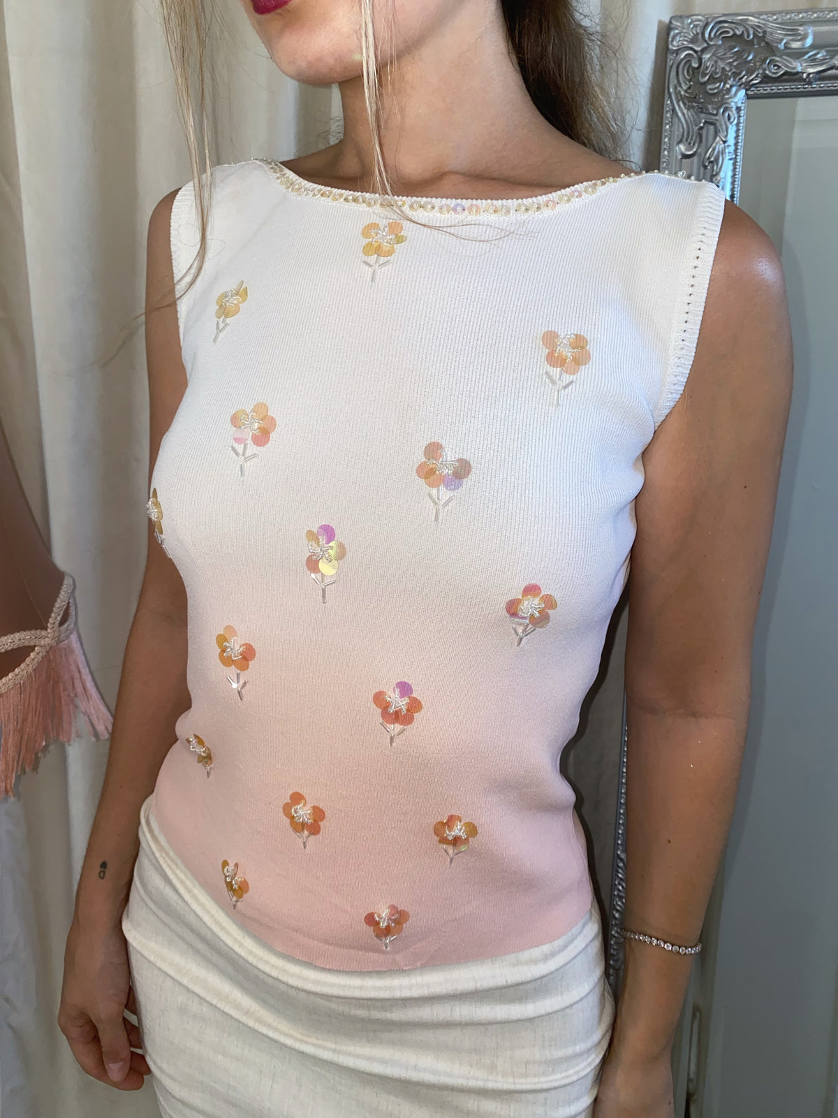 Vintage Floral Sunset Beaded Top