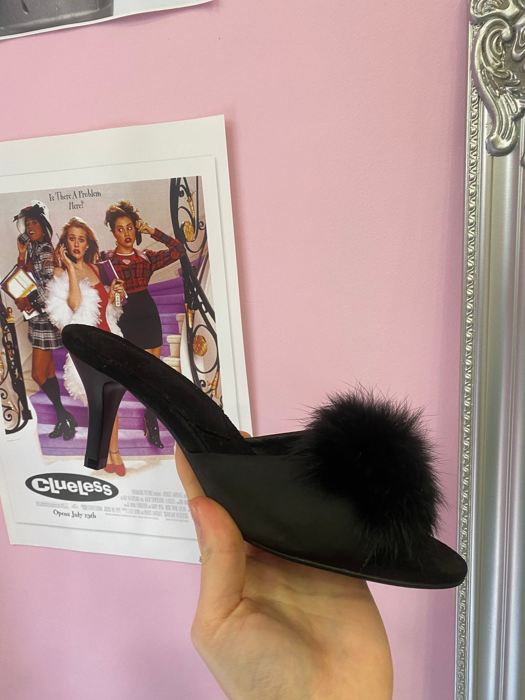 Black shoes with a fluff