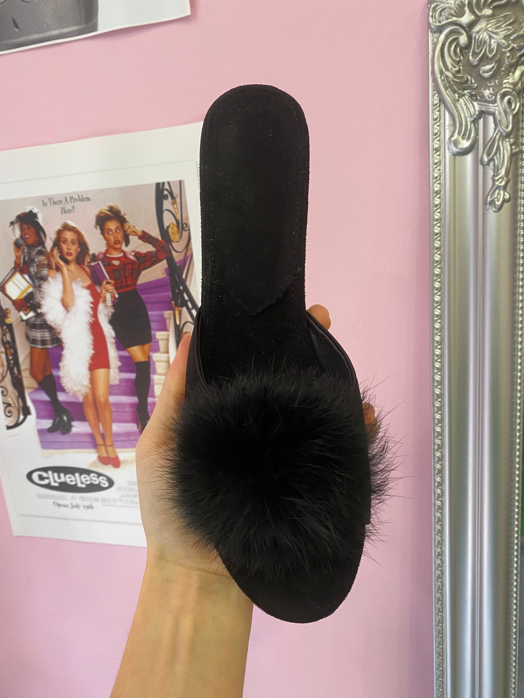 Black shoes with a fluff